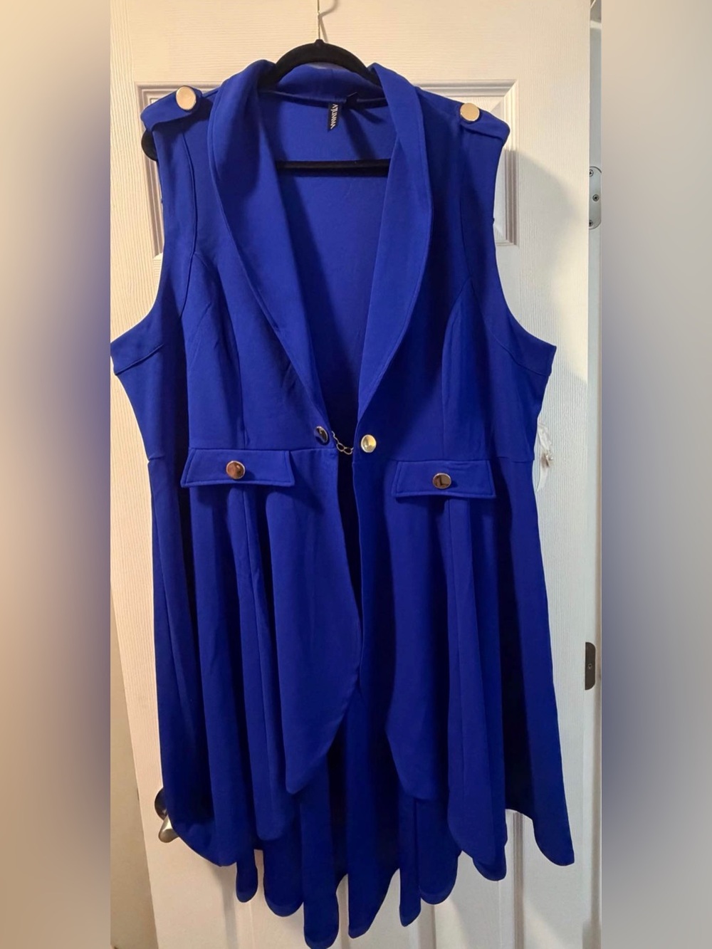 Sleeveless Royal Blue Long Vest with Gold Buttons